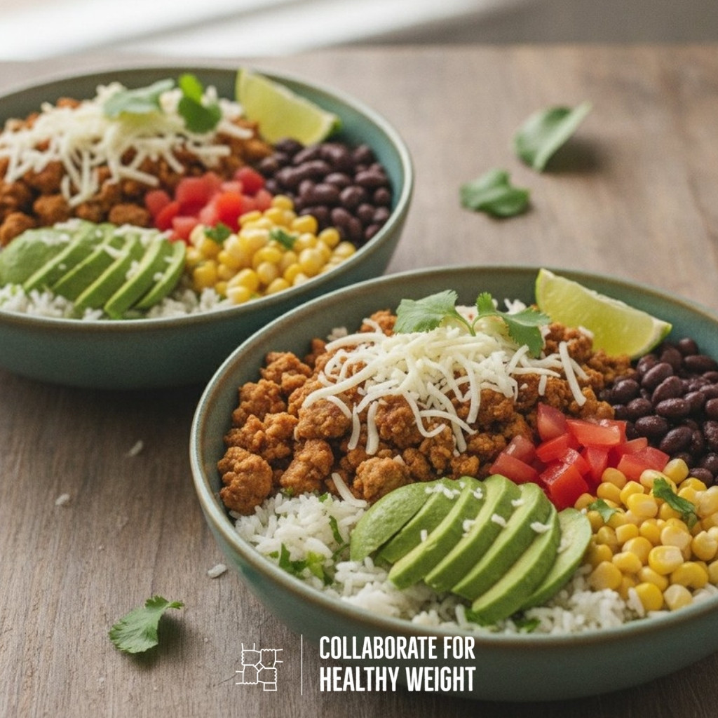 Ground chicken taco bowls with rice, black beans, corn, avocado, and cheese