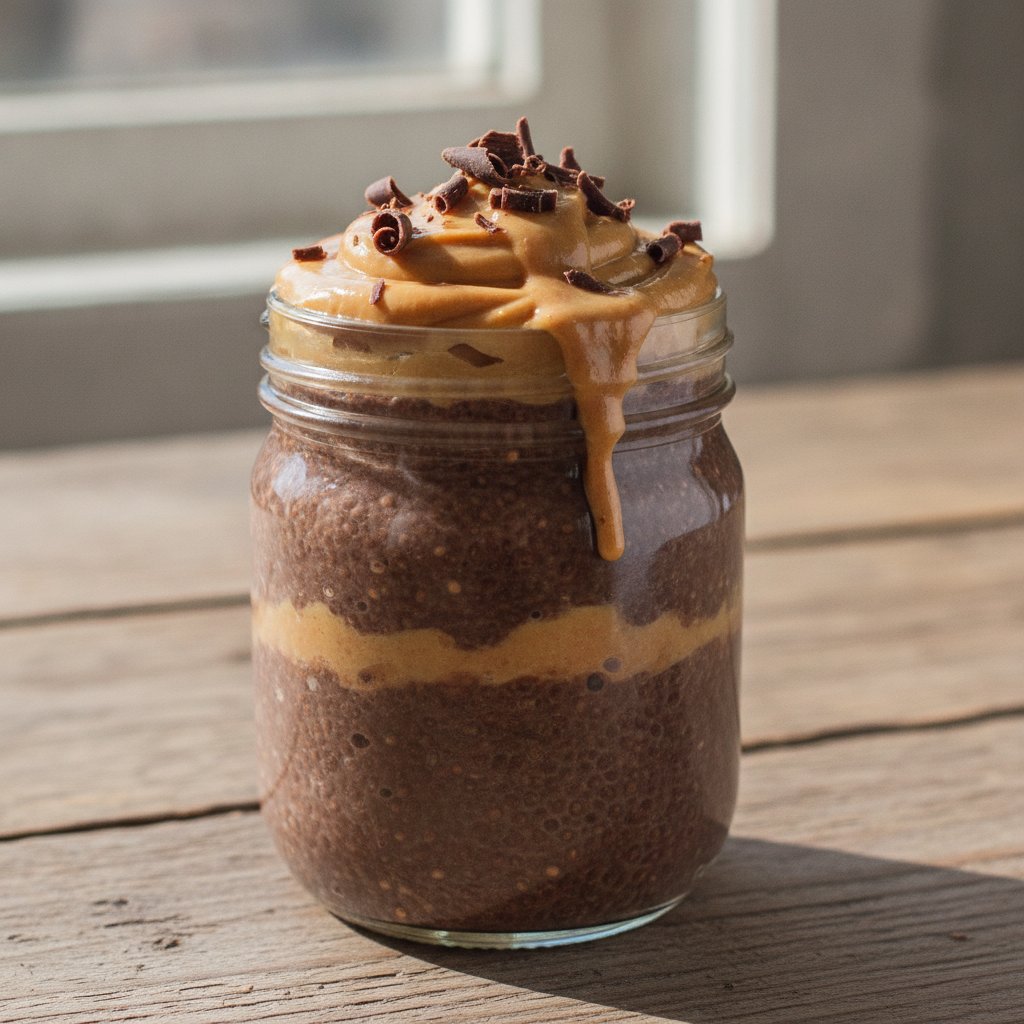 Chocolate peanut butter chia pudding in a jar