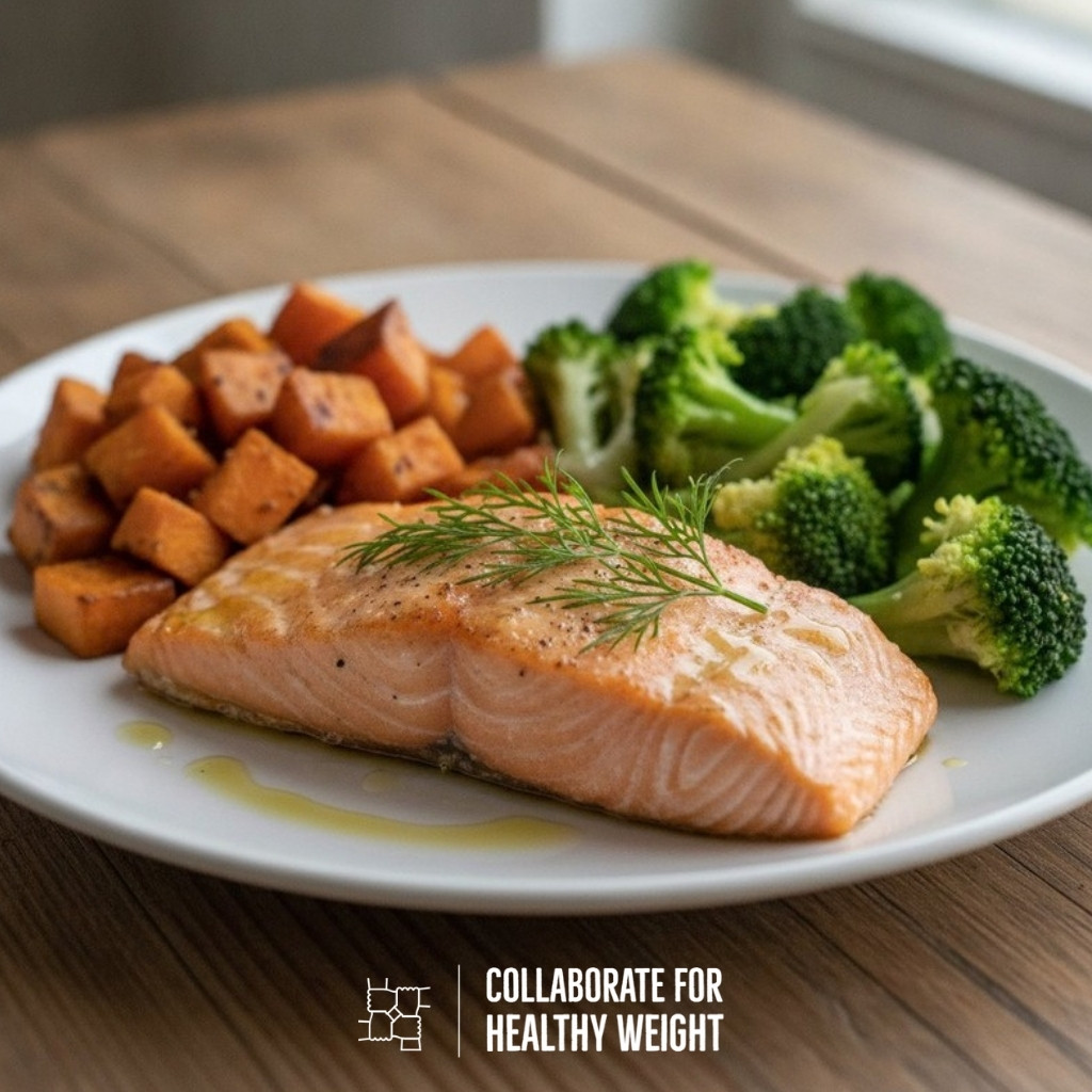 Baked salmon with roasted sweet potato and steamed broccoli