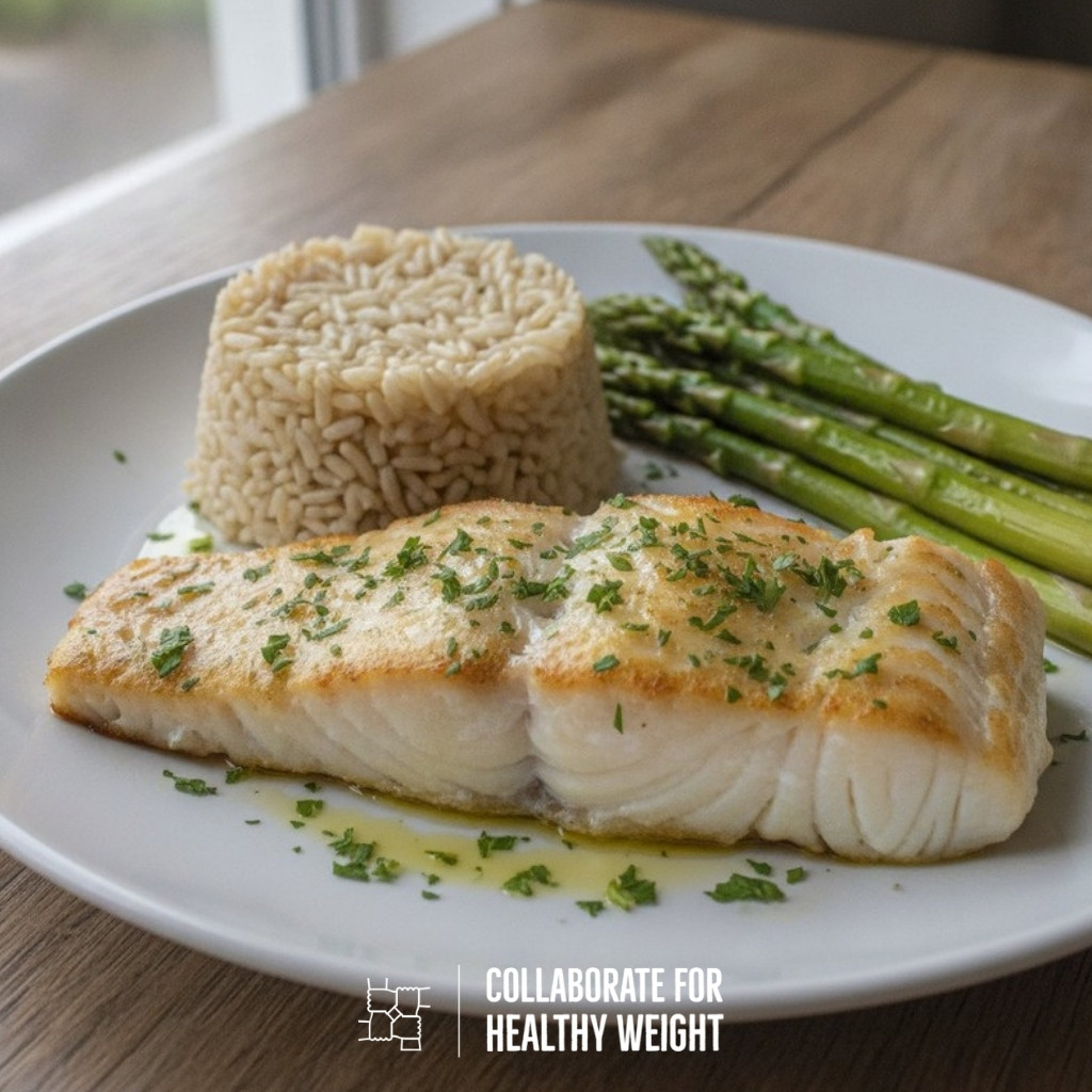 Baked cod with brown rice and steamed asparagus