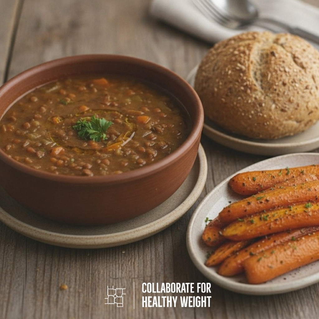 Lentil soup with a whole-grain roll and roasted carrot