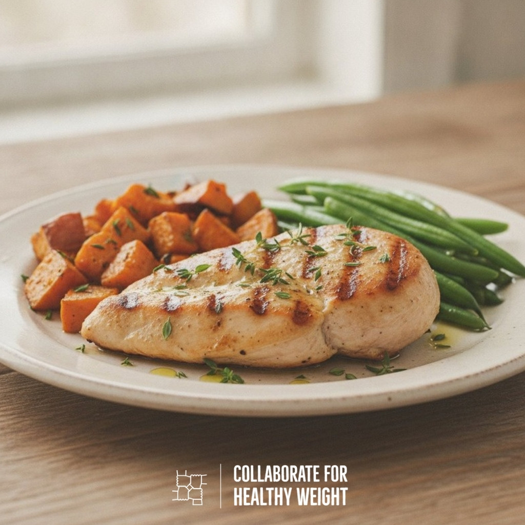 Grilled turkey breast with roasted sweet potato and steamed green beans