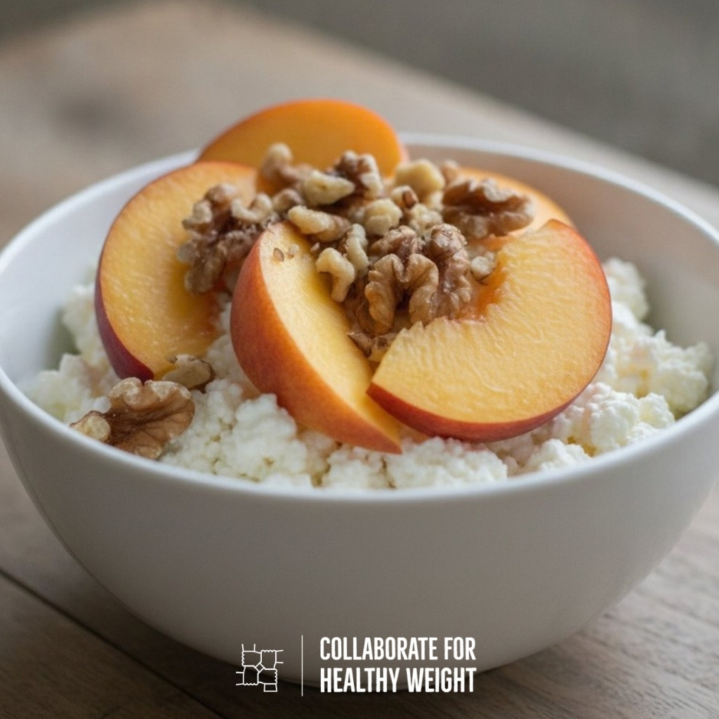 Low-fat cottage cheese with sliced peach and walnuts
