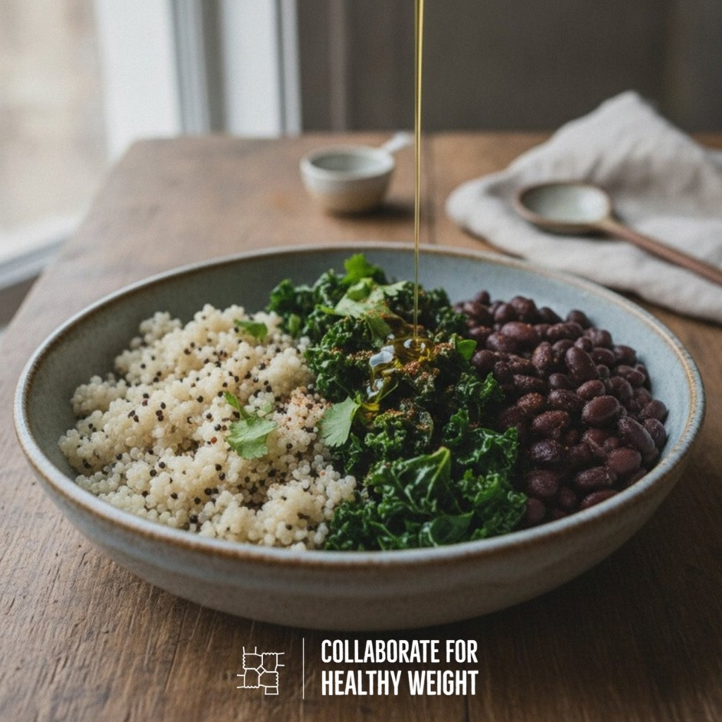 Black bean bowl with sauteed kale and quinoa