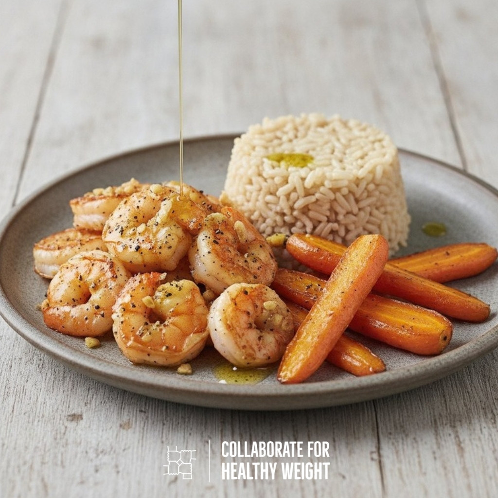 Garlic shrimp with brown rice and roasted carrot