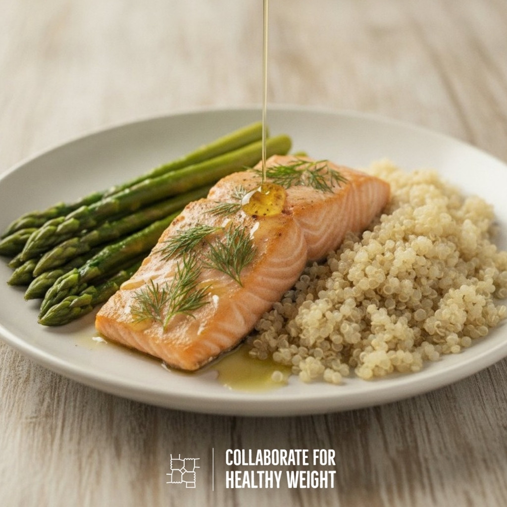 Baked salmon with steamed asparagus and quinoa