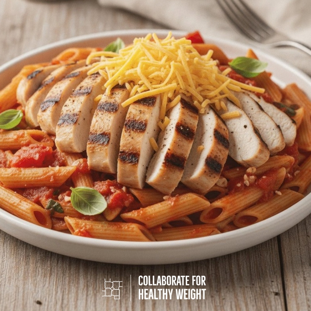 Whole wheat pasta with marinara sauce, grilled chicken, and cheddar cheese