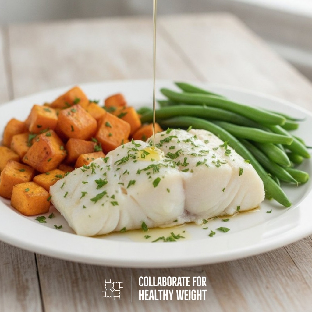 Baked cod with roasted sweet potato and steamed green beans