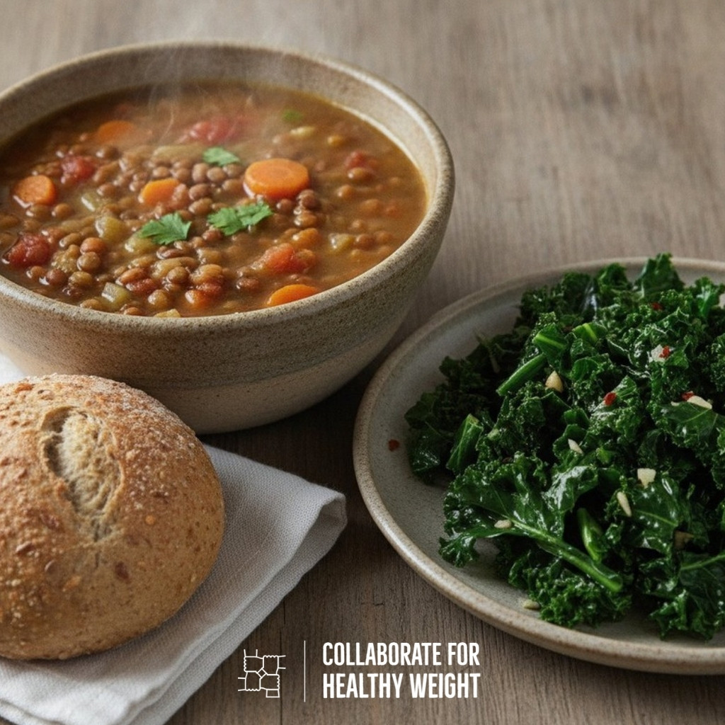 Lentil soup with a whole-grain roll and sauteed kale