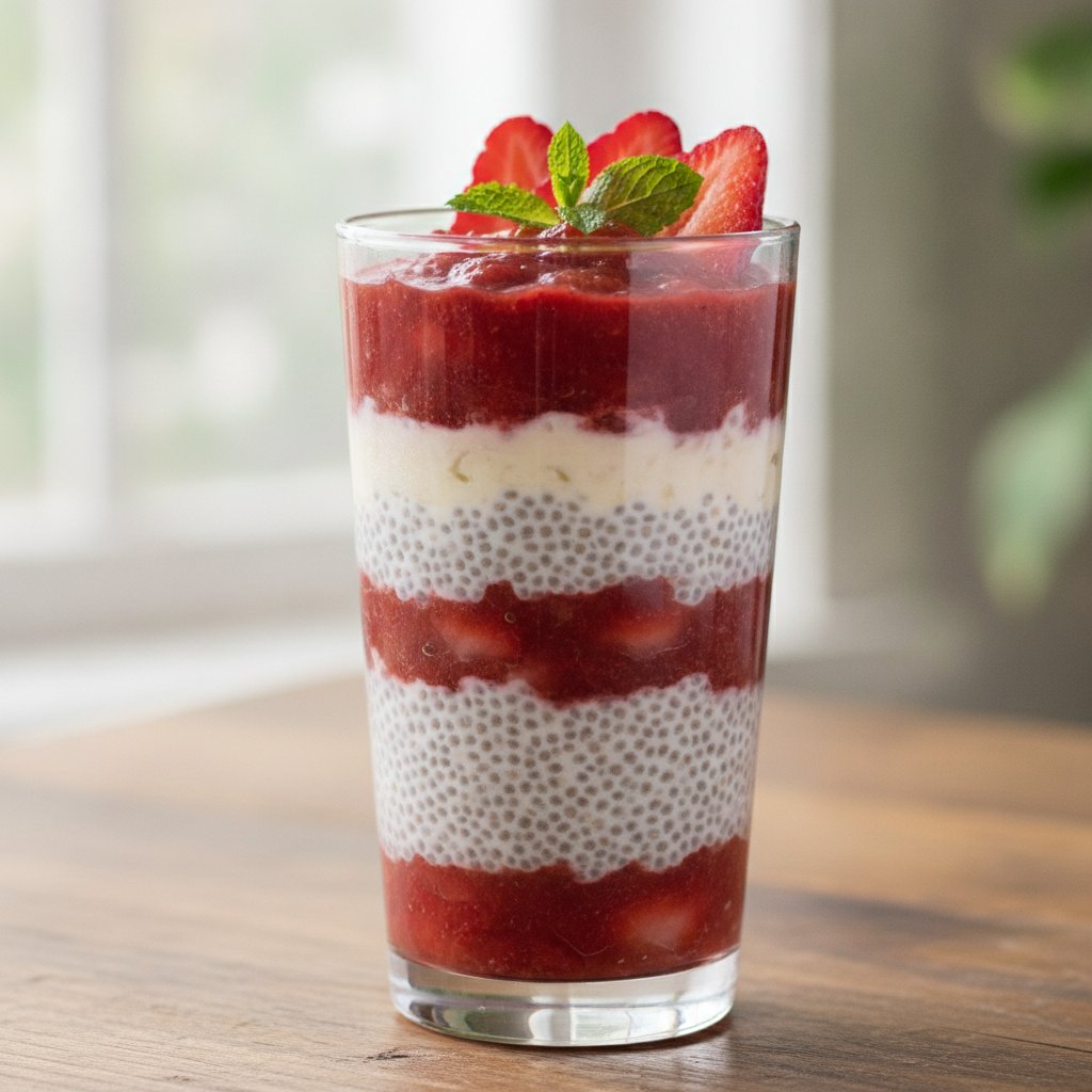 Strawberry chia pudding parfait layered in a glass