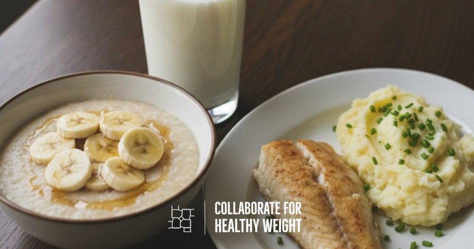 Soft low-fiber gastroparesis meal of cream of wheat with banana, baked fish and mashed potatoes