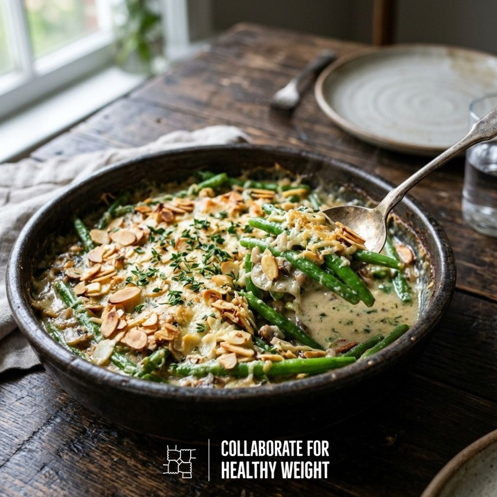 Lower-carb green bean casserole with toasted almonds and melted Parmesan