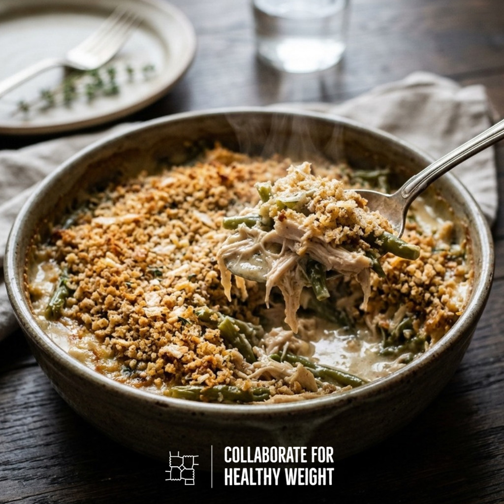 High-protein chicken green bean casserole with golden breadcrumb topping