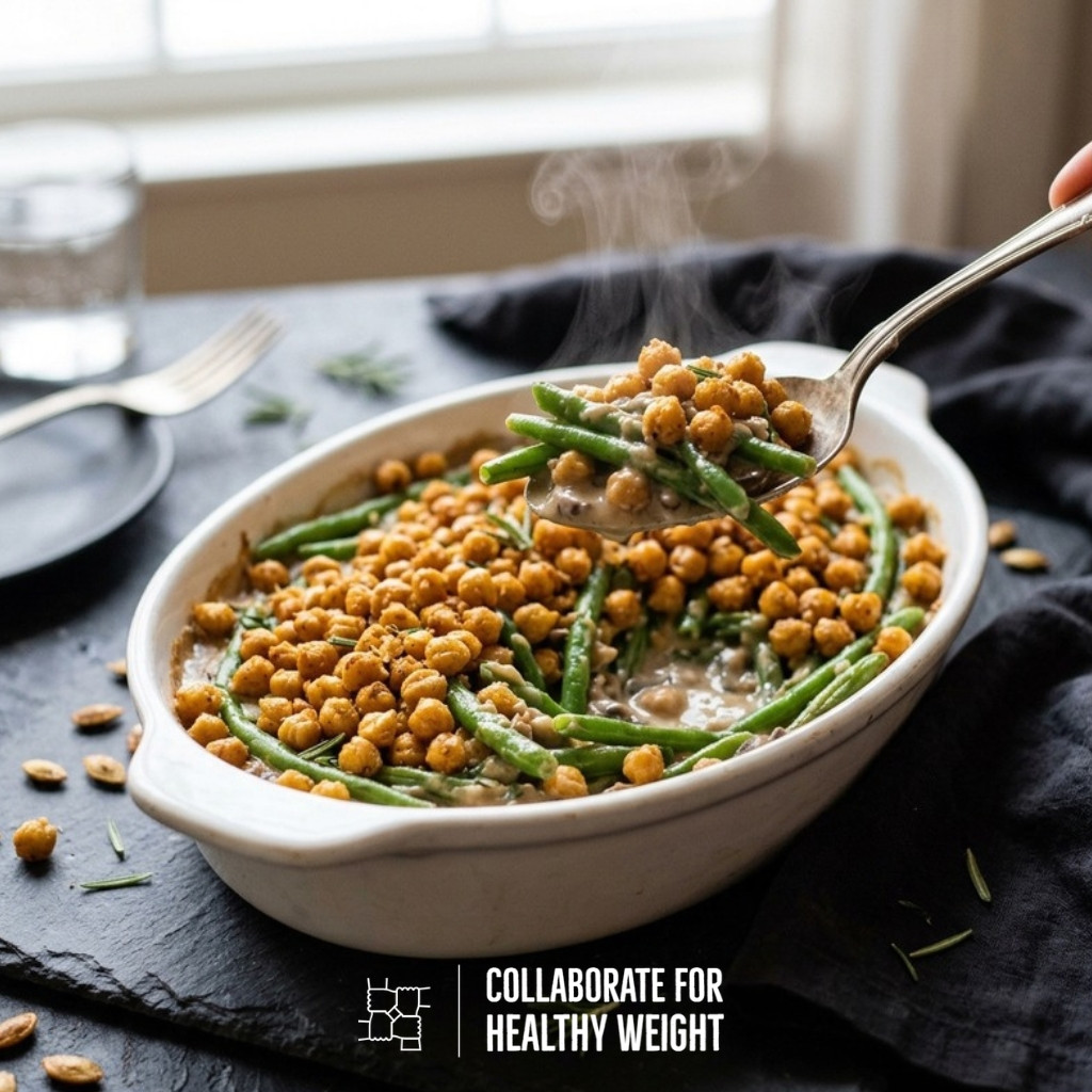 Healthy green bean casserole topped with crispy roasted chickpeas