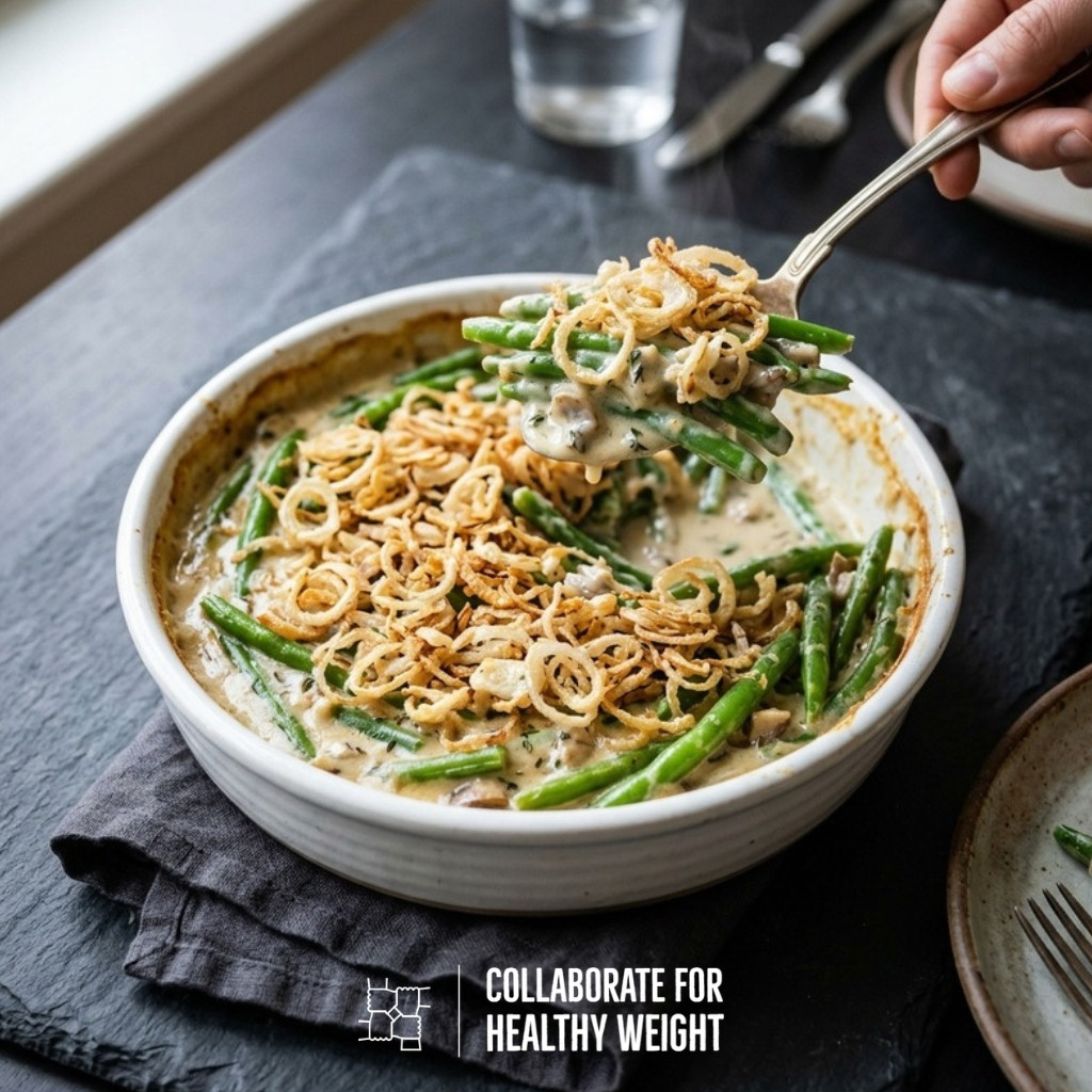 Healthy green bean casserole topped with baked crispy shallots