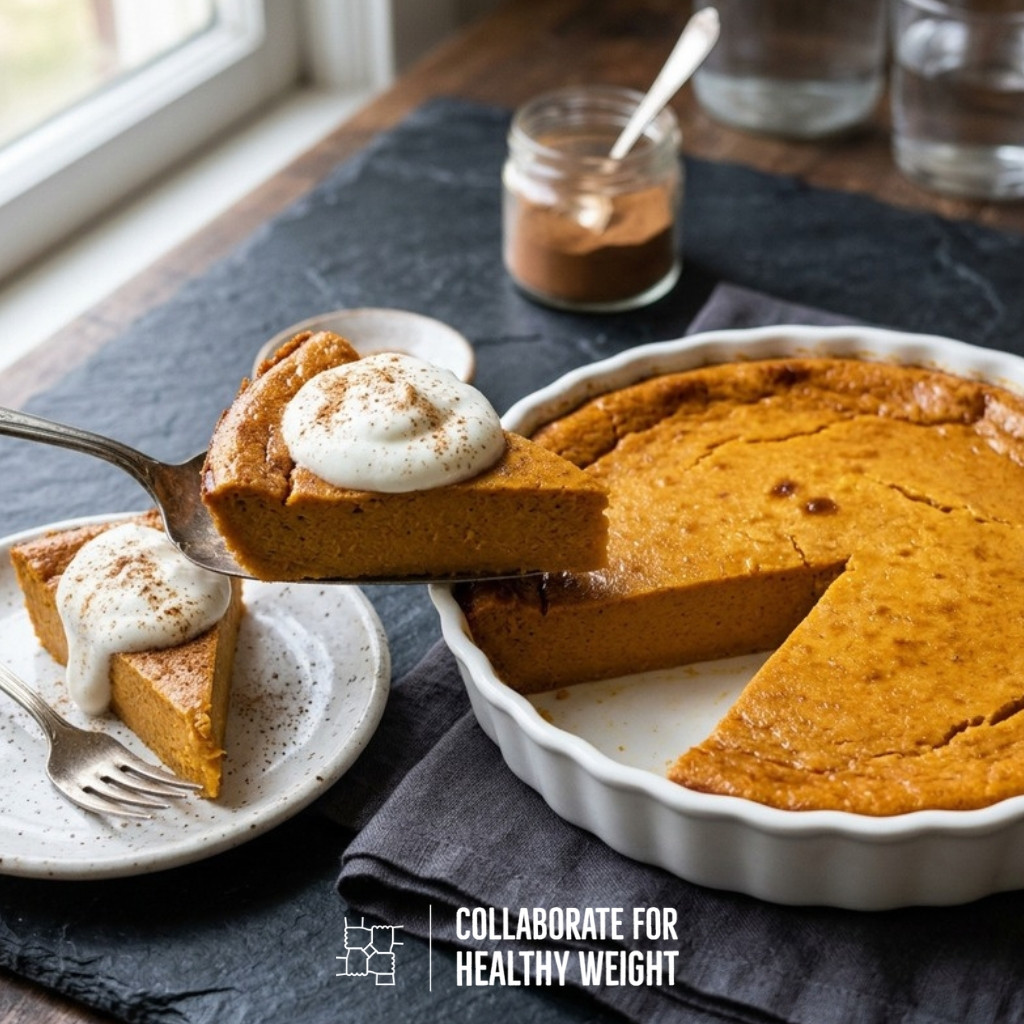 Crustless healthy pumpkin pie with a slice served with Greek yogurt