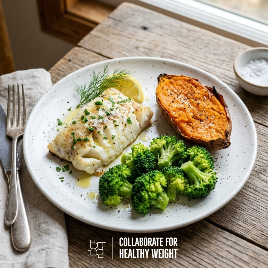 Baked cod with sweet potato and broccoli