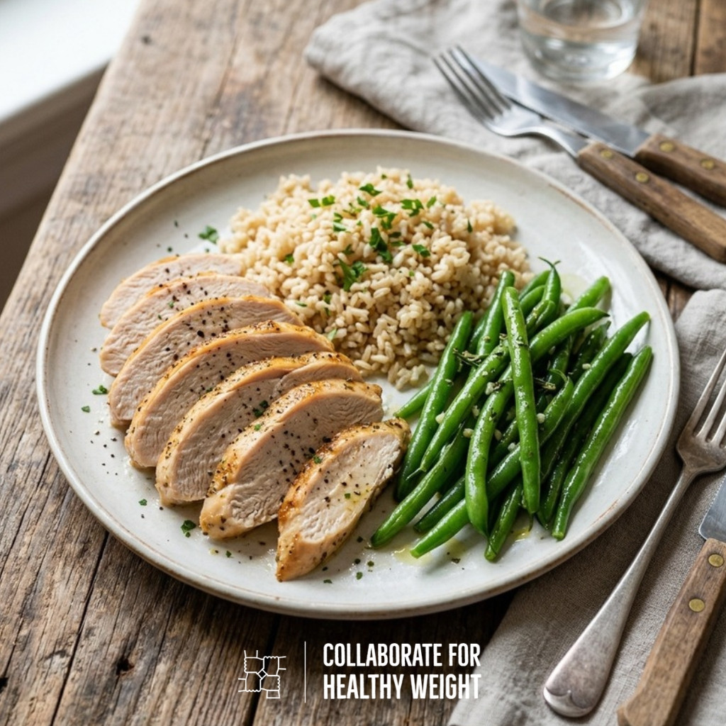 Roasted turkey with brown rice and green beans