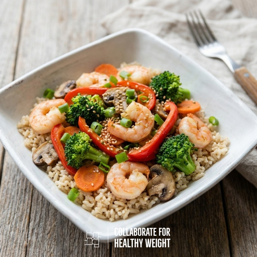 Shrimp and vegetable stir-fry with brown rice