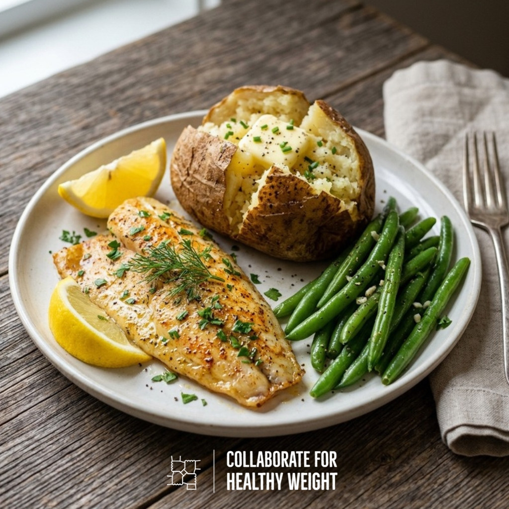 Baked haddock with baked potato and green beans