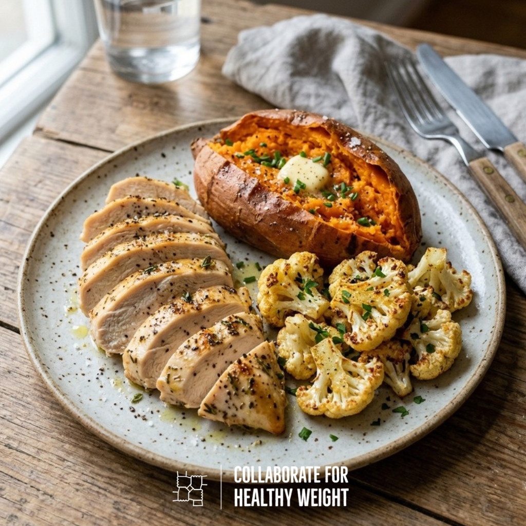 Roasted chicken with sweet potato and cauliflower