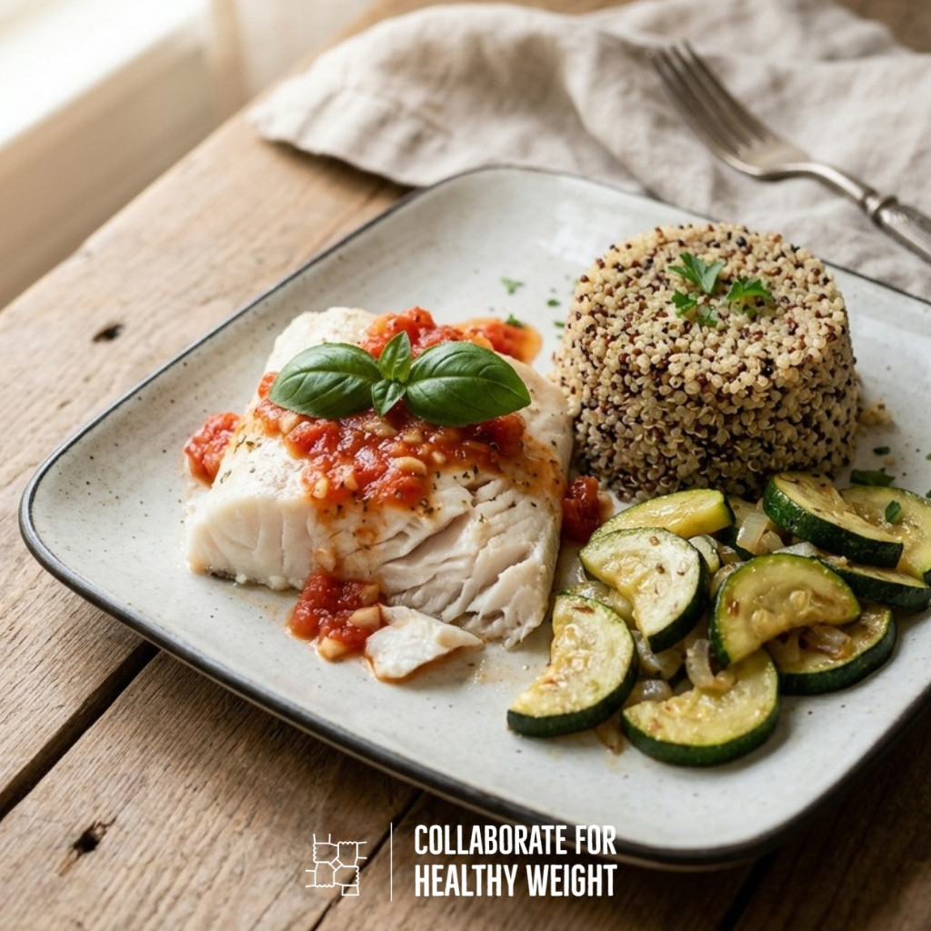 Baked halibut with quinoa, zucchini and tomato sauce
