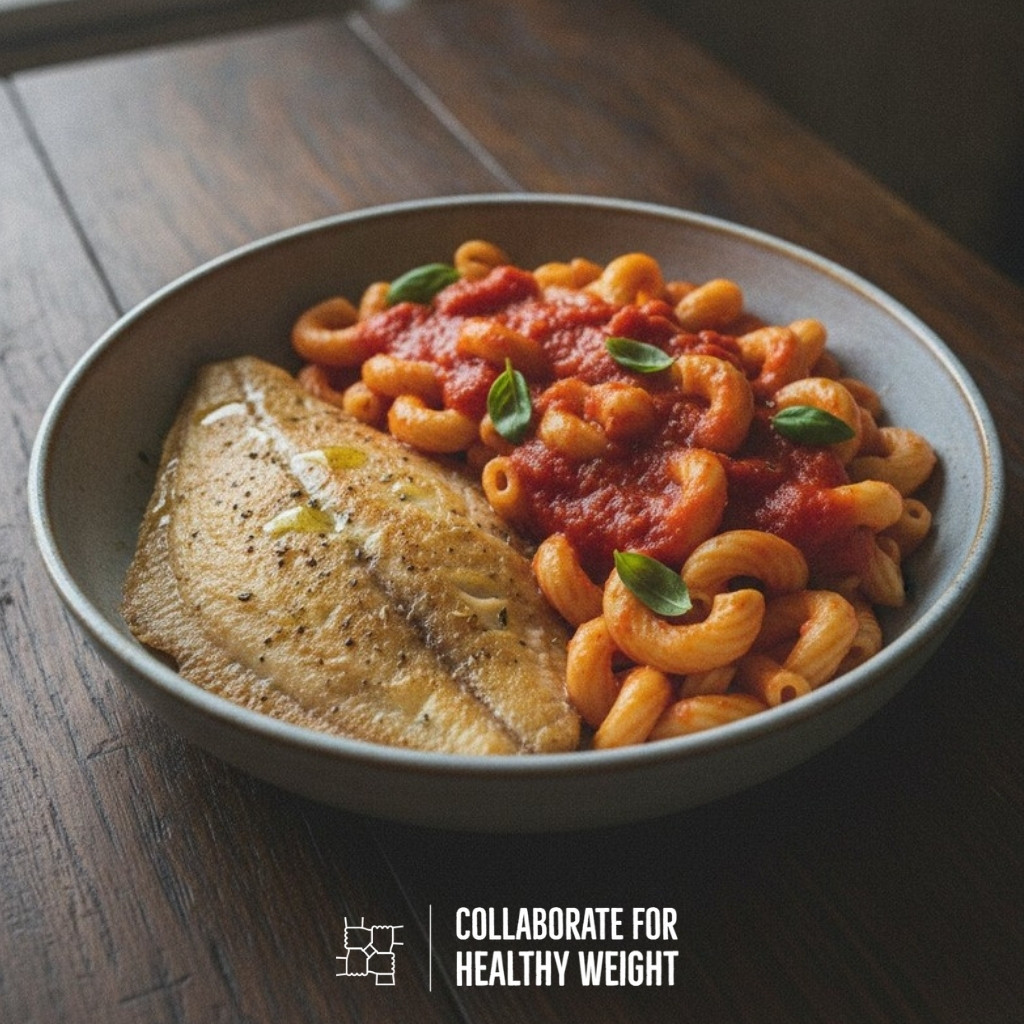 Baked flounder with pasta and tomato sauce