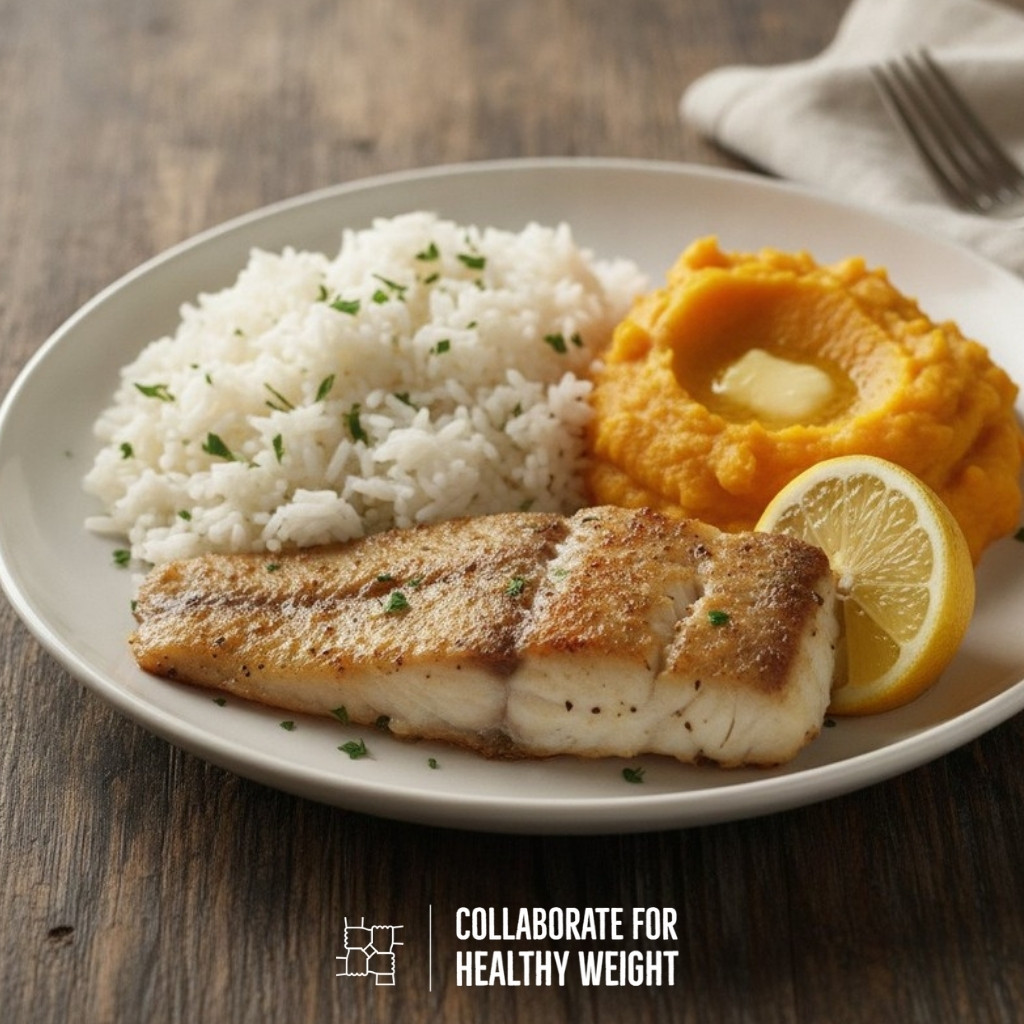 Baked haddock with rice and butternut squash