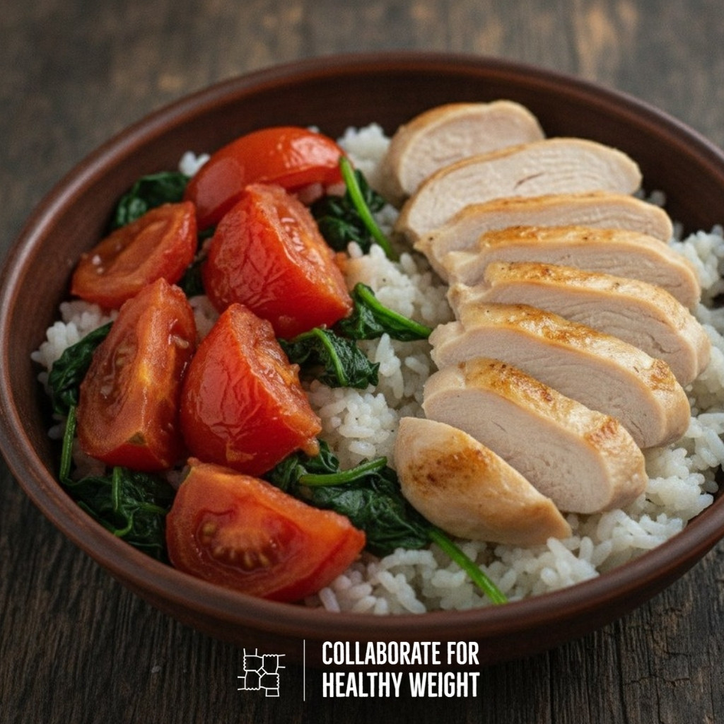 Roasted chicken with rice, tomato and spinach