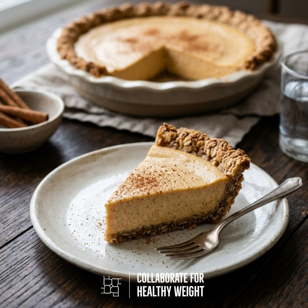 Greek yogurt pumpkin pie slice with oat crust and cinnamon