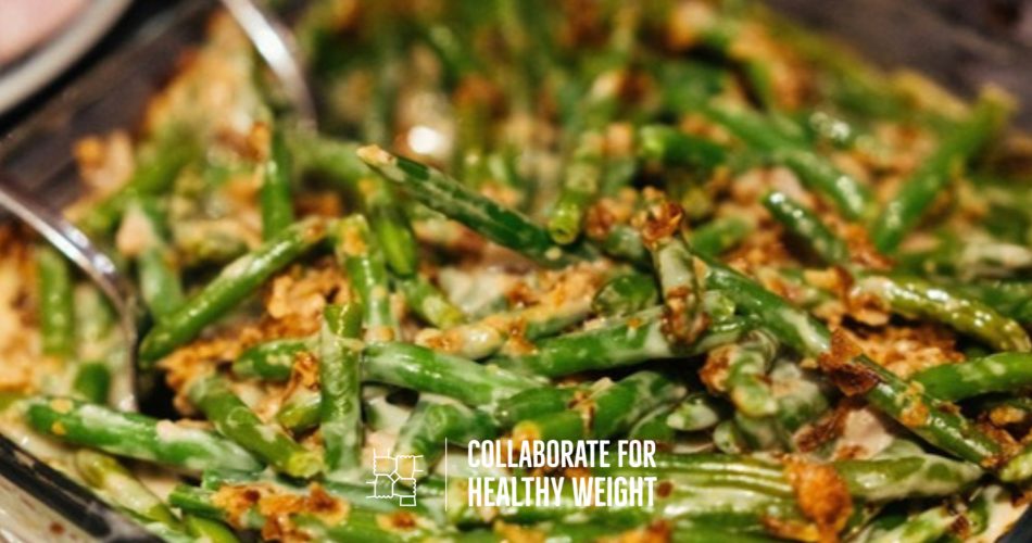 Healthy green bean casserole with crispy topping