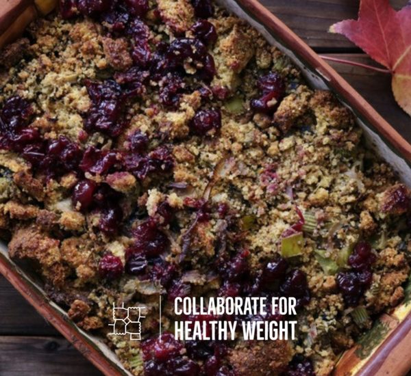 Baked cranberry apple stuffing in a rustic dish