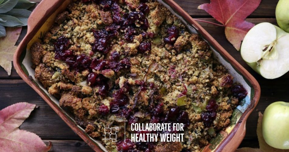 Baked cranberry apple stuffing in a rustic dish