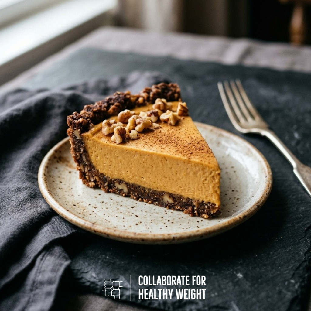 No-bake pumpkin pie slice with date and walnut crust