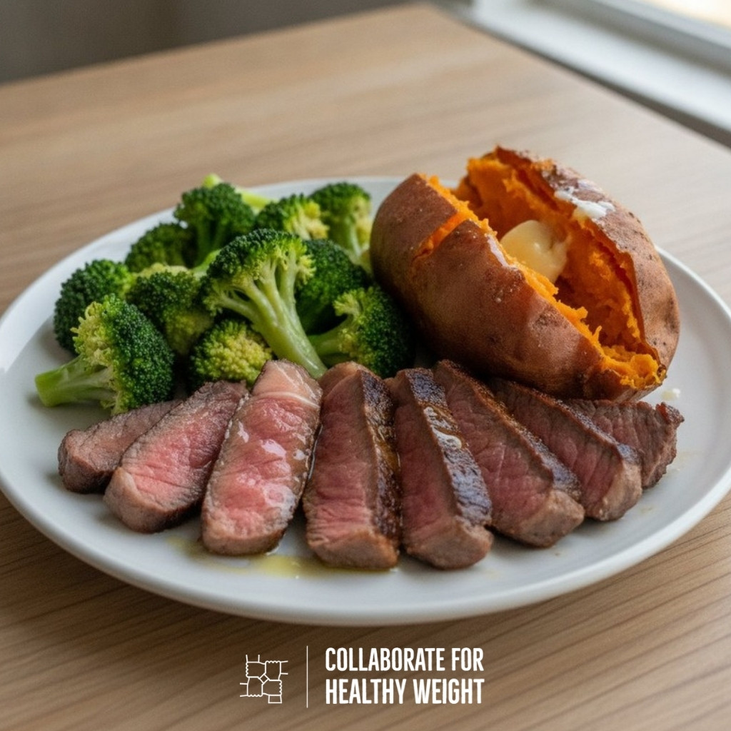 Sliced sirloin steak with roasted sweet potato and steamed broccoli