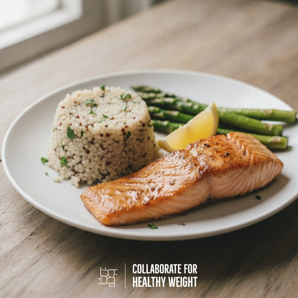 Baked salmon fillet with quinoa and roasted asparagus