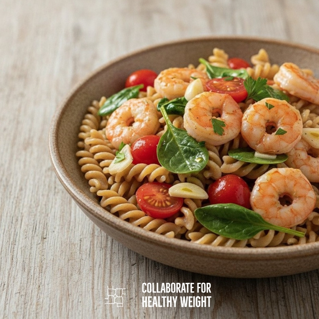 Whole-wheat pasta with shrimp, tomatoes and spinach