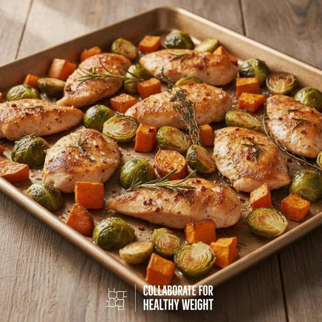 Sheet-pan roasted chicken with Brussels sprouts and sweet potato