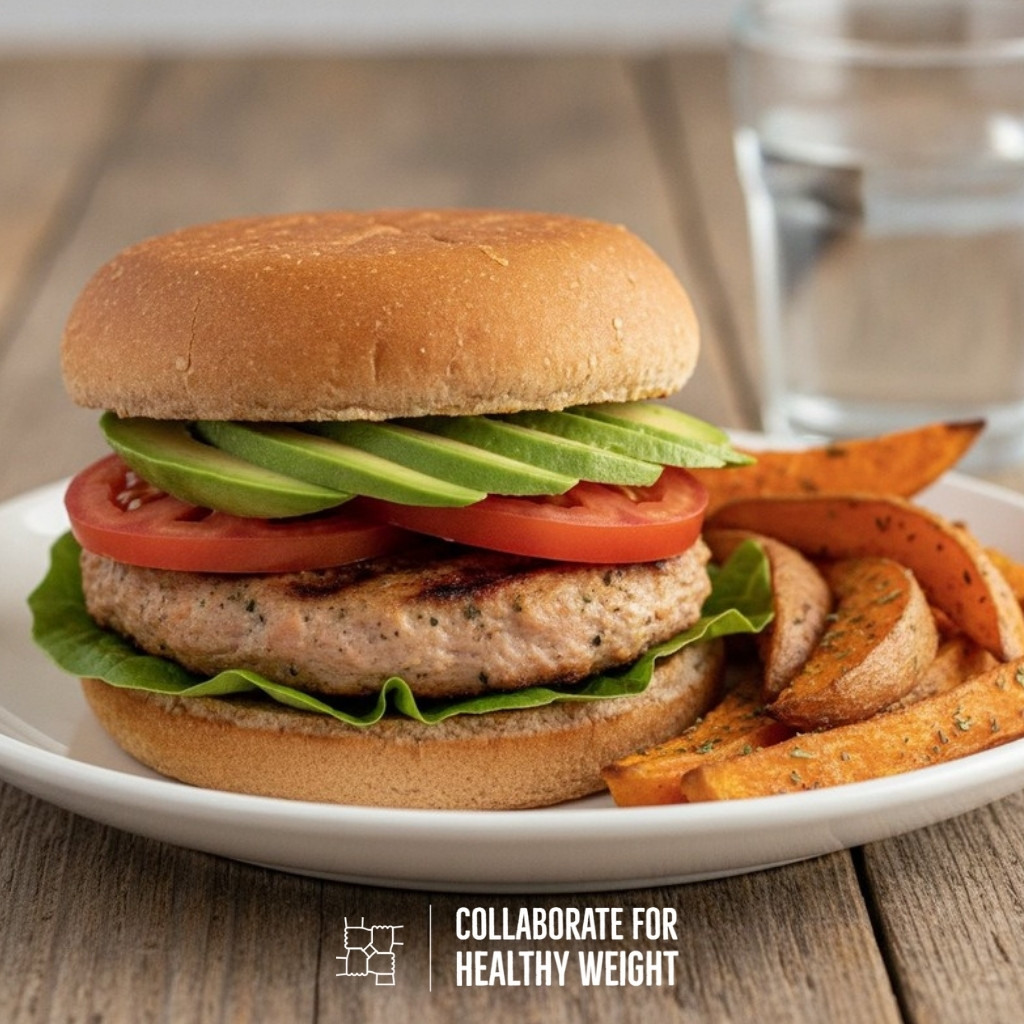 Turkey burger on whole-wheat bread with sweet potato wedges