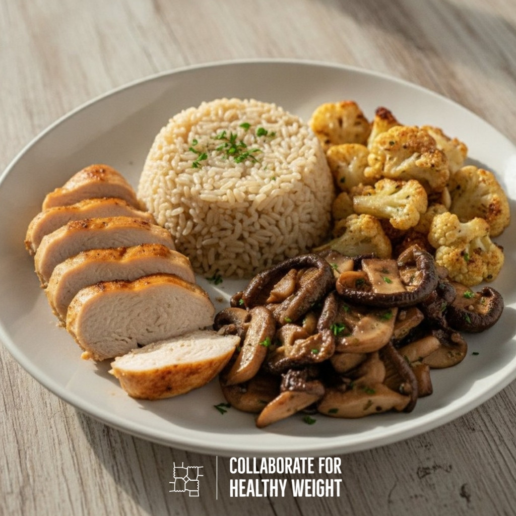 Sliced chicken breast with brown rice, roasted cauliflower and mushrooms