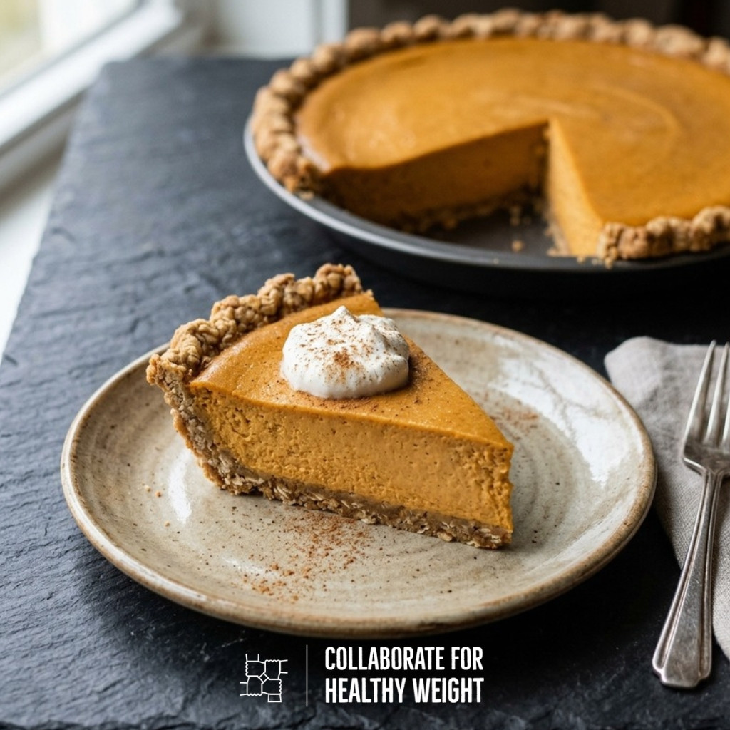 Pumpkin cheesecake pie slice with oat crust and whipped yogurt
